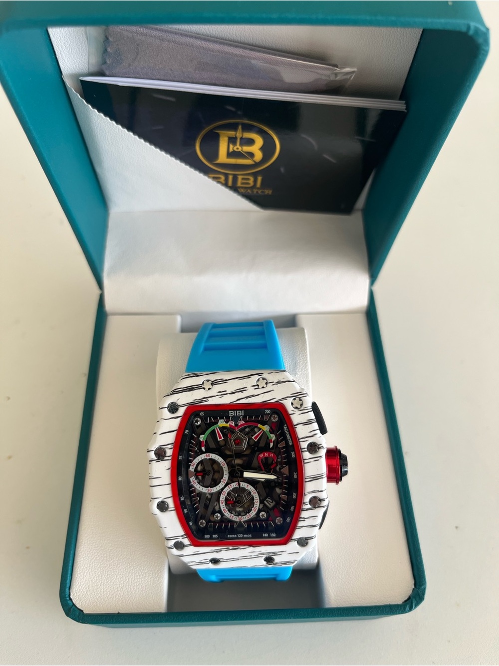 BiBi White & Blue Men's Sport Chronograph Watch with Red Accents